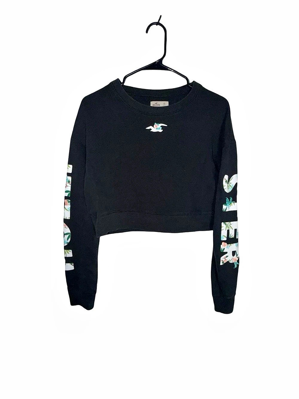 Hollister Graphic Logo Crop Sweatshirt Floral Black & Green XS